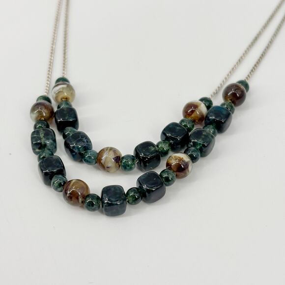 Monet Vintage Green Beaded‎ Double Strand Necklace – 18" Signed Silver-Tone - Picture 2 of 6